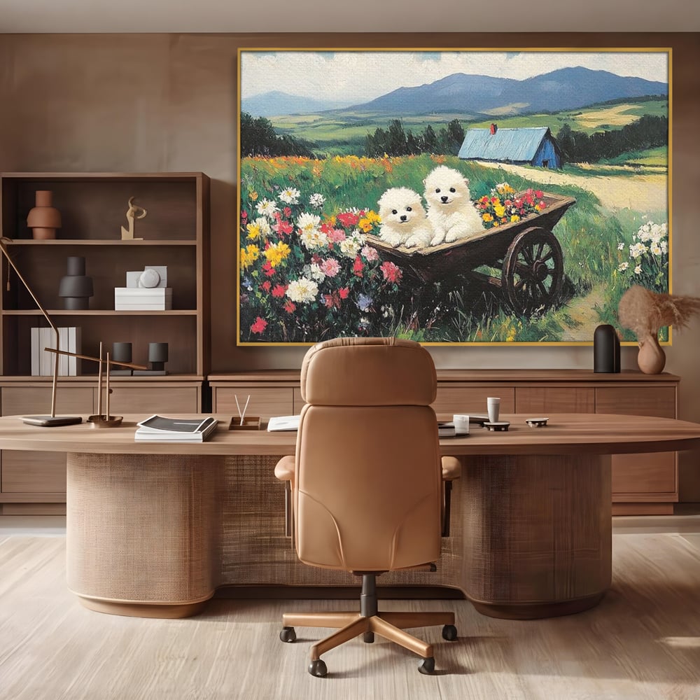 Tablou canvas cu tablou canvas cu catelusi intr-o roaba, in rama de aluminiu auriu, pe perete intr-un birou